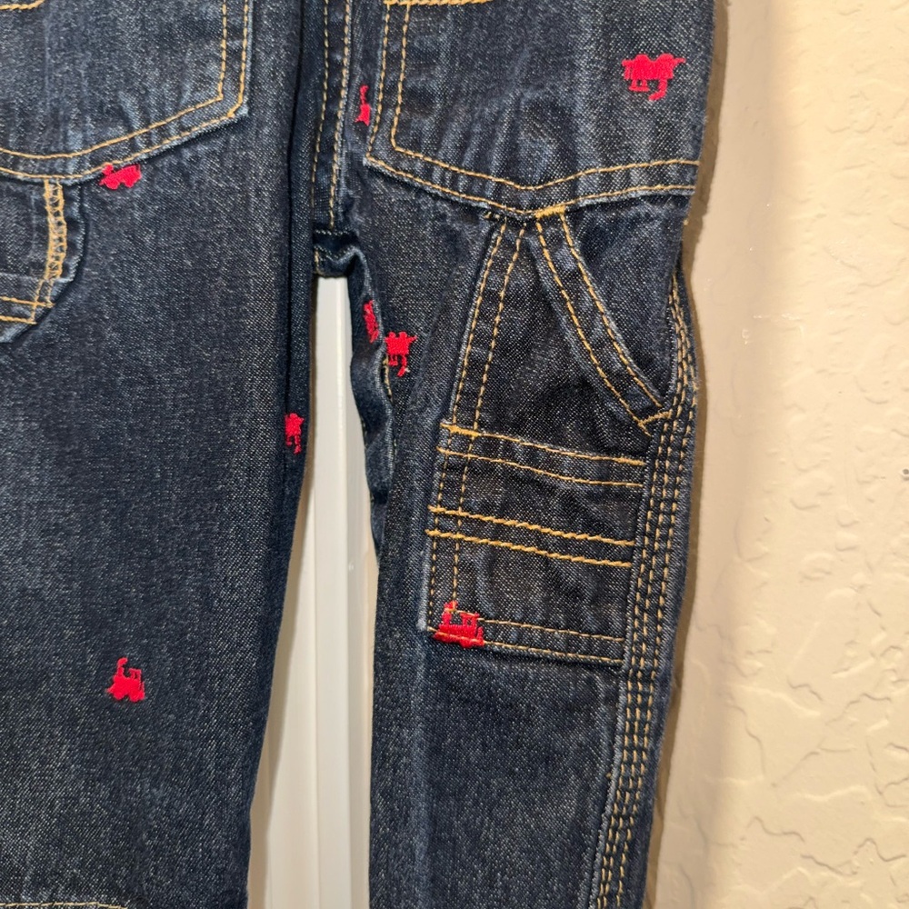 OshKosh B'gosh Kids Denim Overalls - Dark Blue with Red Trains - Picture 3 of 5
